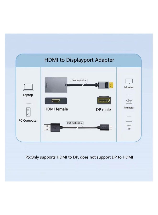 HDMI to Displayport 8K Adapter with USB Power, HDMI 2.1 Female to DP 1.4 Male Converter Support 8K@30Hz/4K@120Hz/2K/144Hz for Xbox One/PS4/PS5/NS - Image 2
